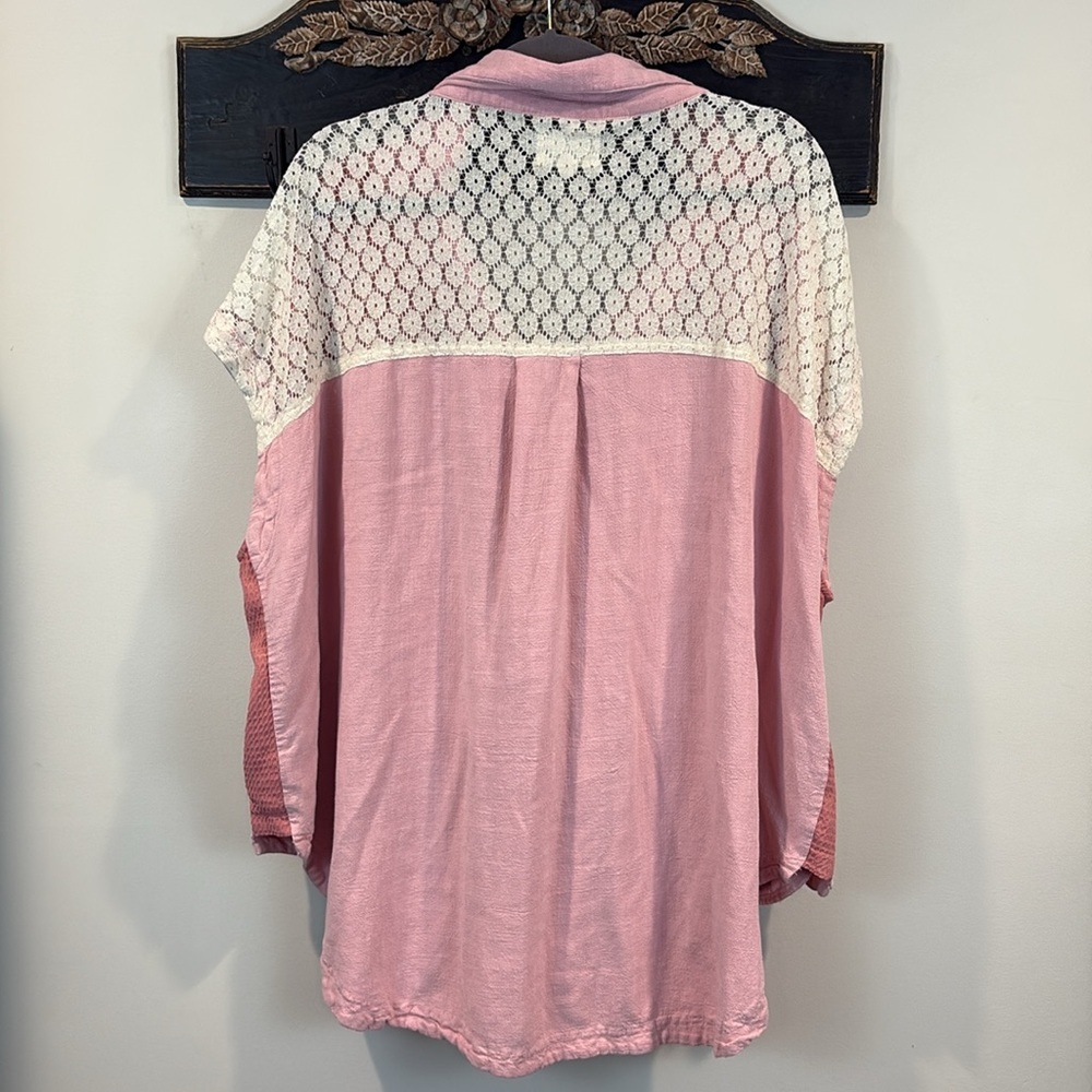 Oli & Hali Pink Patchwork Lace Linen Blend Oversized Top with Pockets Size L - Picture 7 of 8